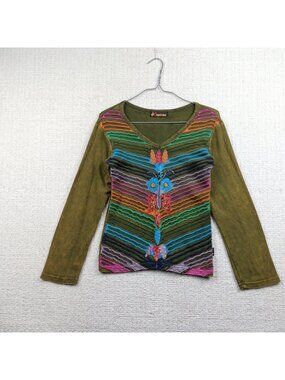 Leopards & Roses Nepal Long Sleeve Shirt Faded Olive Green Hippie Boho Sz S